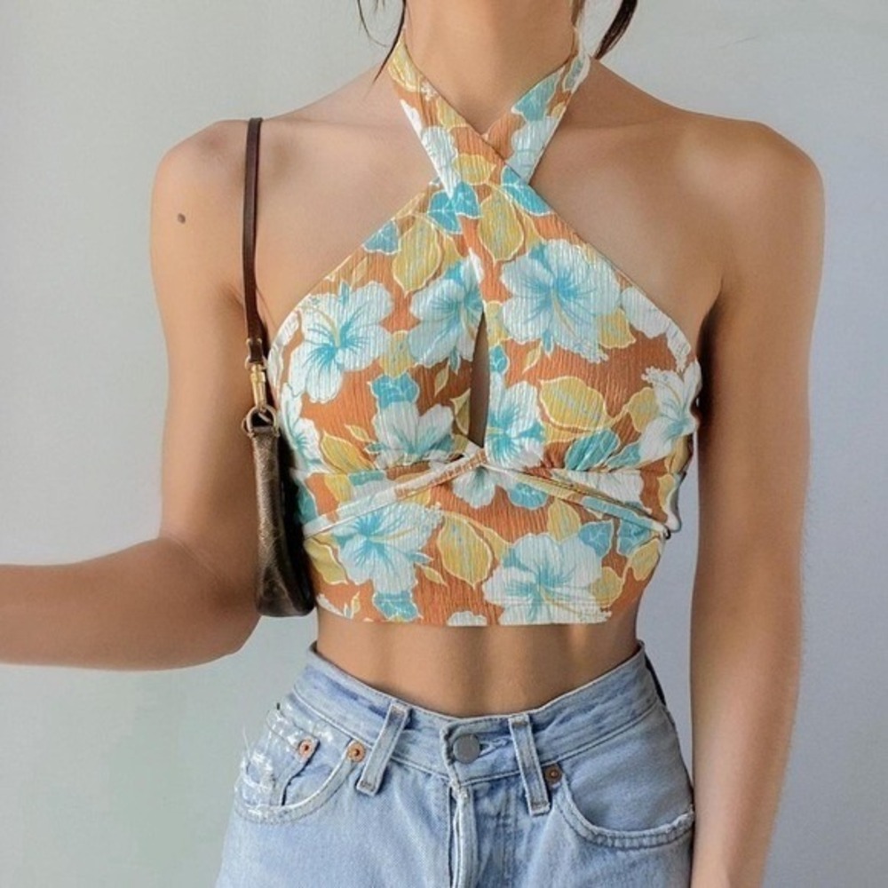 Urban Outfitters Tropical Criss Cross Halter Top Brown Floral Beachy Size XS